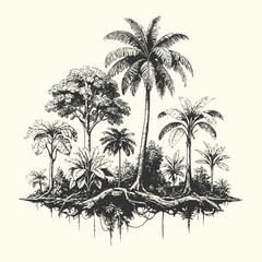 Vintage illustration of tropical palm trees on a small island, exotic scenery with detailed engraving style. © Chairul