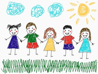 Children together in summer day walking hold each other hands happy funny drawing like child 