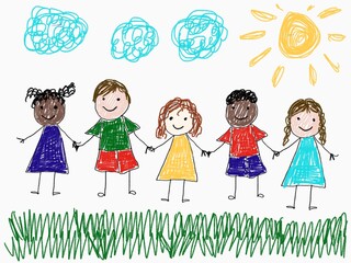 Boys and girls kids children different nationalities holding hands together friends 