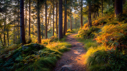 Forest path in golden light