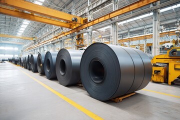 Large rolls of steel sheets stored in a modern manufacturing facility with yellow cranes overhead