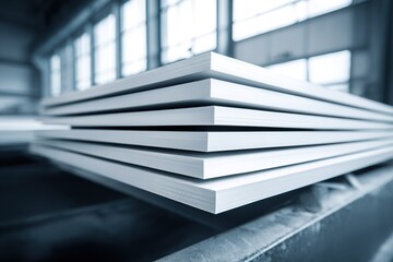 Obraz premium Stacked sheets of white material in a bright industrial workspace during daytime