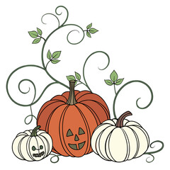 Three pumpkins with twisting vines and leaves halloween