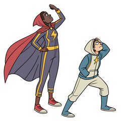 Two cartoon characters in superhero costumes looking up