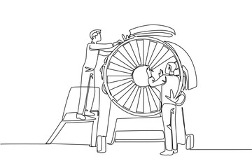 Single one line drawing 2 aircraft technicians dismantling aircraft engine. Working together makes everything easier. Aviation Maintenance Technician Day. Continuous line design graphic illustration