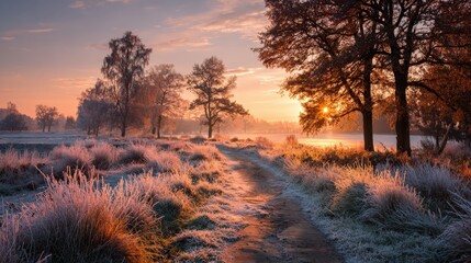 Calm autumn pathway with frosted grass at sunrise, warm beam through trees, no people, clean stock landscape, copy space in sky 