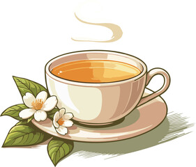 Elegant Jasmine Tea in Cup with Flowers Vector – Classic Herbal Drink Illustration Isolated