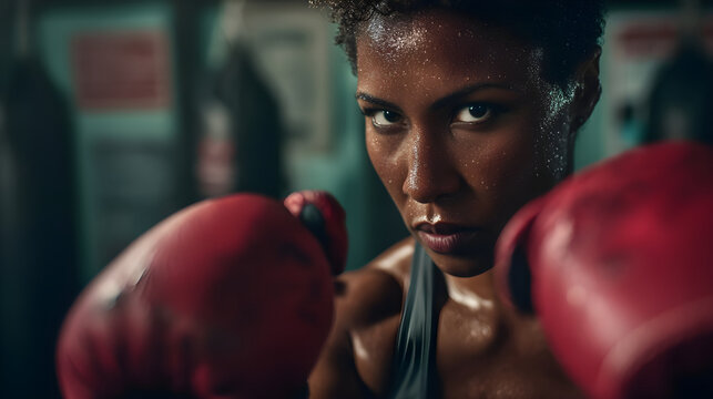 African American woman boxer training intensely in gym with focus and determination on her face