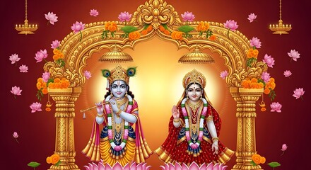 Obraz premium Colorful Traditional Hindu Deity Statues in Ornate Gold Arch with Flowers and Floating Lamps