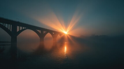 Cinematic foggy bridge at dawn, golden beam breaking through, serene November air, long lens compression, editorial landscape, copy space in sky 