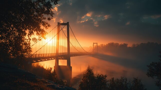 Cinematic foggy bridge at dawn, golden beam breaking through, serene November air, long lens compression, editorial landscape, copy space in sky 
