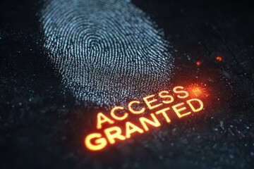 Close-up of a fingerprint scanning a digital interface, with the word "ACCESS GRANTED" displayed. Biometric security, identity verification