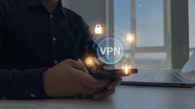 VPN(Virtual Private Network) secure connection.Remote server private internet network to protect privacy personal data.Digital connection between computer and a remote server owned VPN provider.	