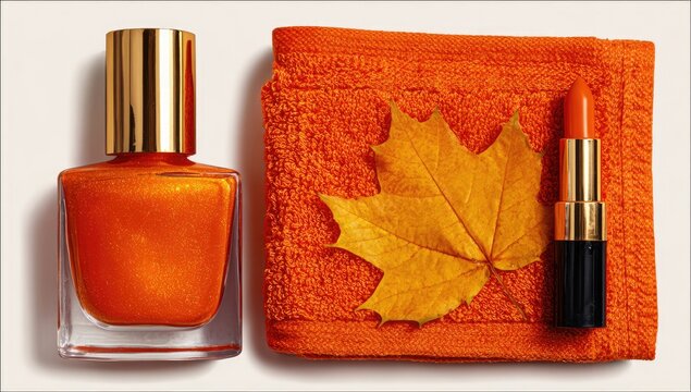 Autumnal cosmetics displayed on a textured orange towel.