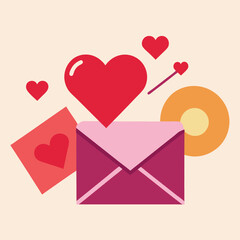 Collection of valentine s day symbols including hearts envelope and ring on a light background