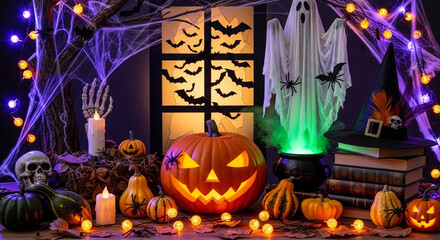 Create a spooky Halloween atmosphere with glowing pumpkins, ghosts, bats, and witch's brew for your next fun themed holiday event or party