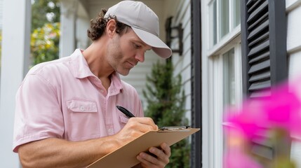 Man taking notes while standing outside a house on a sunny day in a residential area