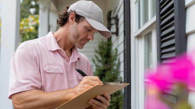 Man taking notes while standing outside a house on a sunny day in a residential area