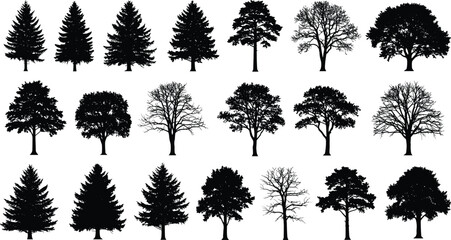 Silhouette collection of different trees including pine, oak, and deciduous types, isolated on white background, detailed forest tree shapes, natural vector illustration