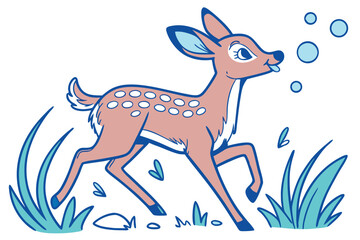 Cartoon Fawn Running in Blue Grass Art on White Background with Bubbles
