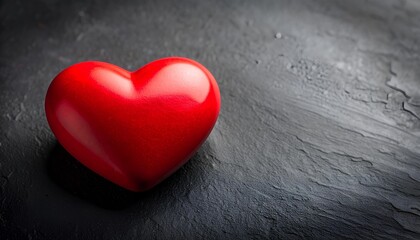Fototapeta premium Red heart on a dark textured background with copy space. Minimalist romantic concept design, perfect for Valentine’s Day, love theme, greeting card, poster, wallpaper, and digital art.