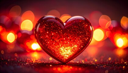 glowing red heart shape glass on bokeh light background