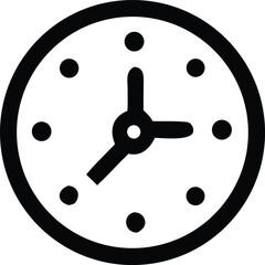 Simple black and white icon of a round analog clock showing the time with hour and minute hands