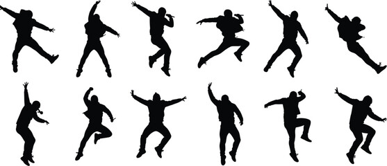 Silhouette collection of male dancers in energetic jump poses, hip hop dance, street performance, modern movement, artistic expression, isolated black illustration for fitness, creativity design