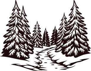 Obraz premium Hand drawn evergreen forest with winding path and snow covered pine trees in vintage engraved