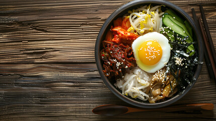 Bibimbap: Korean Traditional Mixed Rice Dish with Steamed Rice, Marinated Beef, Colorful Veggies (Spinach, Bean Sprouts, Carrots), Fried Egg, Gochujang & Sesame Oil—Stir-to-Mix for Savory-Spicy Comfor