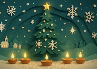 Festive Paper-Cut Christmas Tree under Starry Winter Sky