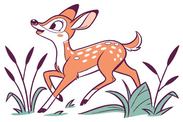 Cartoon Fawn Running in Grass on White Background Style