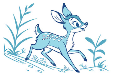 Cartoon Fawn Running in Blue Palette, on White Background