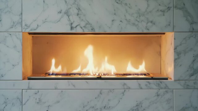 Modern fireplace with elegant marble surround radiates warm, inviting flames on a cozy evening