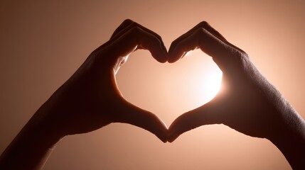 Fototapeta premium Giving Tuesday concept: heart-shaped hands silhouette in backlight, warm neutral gradient background, large clean copy space, inclusive and non-specific 