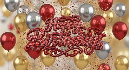 Festive 'Happy Birthday' message surrounded by shimmering balloons and confetti, creating a celebratory atmosphere.