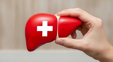 Dynamic video of hand holding liver model with Swiss flag, symbolizing health and medical innovation, ideal for healthcare campaigns - Powered by Adobe