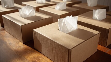 Holiday shipping prep: generic boxes, tissue, blank labels, bright daylight, brand-safe, big messaging area, fulfillment theme 