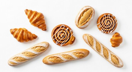 A delightful flat lay of freshly baked croissants, baguettes, and cinnamon rolls on a clean white surface, perfect for culinary inspiration
