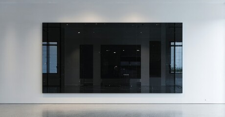 Fototapeta premium Minimalist gallery space features large dark reflective artwork. Clean white walls, smooth floor create modern aesthetic. Subtle lighting enhances visual impact.