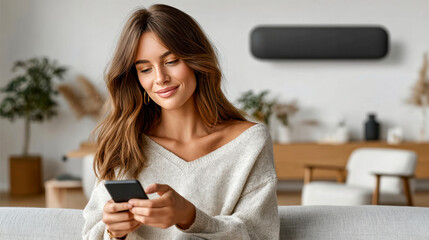 Young woman in cozy sweater using smartphone to control infrared heater for efficient home heating, showcasing modern technology and energy-saving solutions