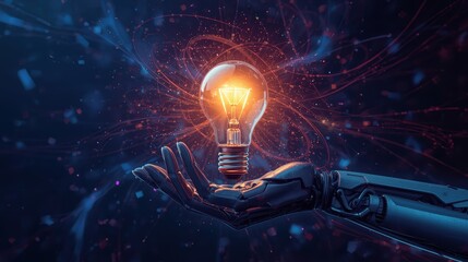 Robot hand is holding lightbulb idea. Concept of machine learning. Artificial Intelligence.