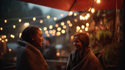 courtyard in drizzle, string lights bokeh, cozy blankets, candid smiles 
