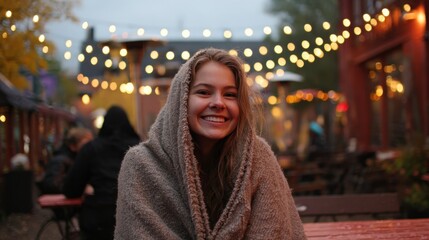 courtyard in drizzle, string lights bokeh, cozy blankets, candid smiles 