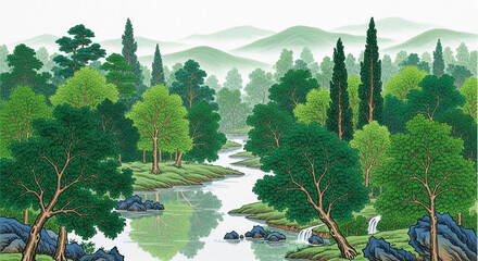 Serene forest landscape with a winding river and lush green trees casting reflections, perfect for nature lovers and outdoor enthusiasts