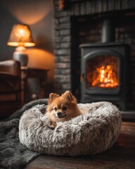 cozy dog bed near fireplace, soft fur textures, warm lamp, lifestyle pet