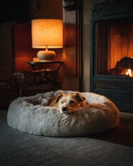 cozy dog bed near fireplace, soft fur textures, warm lamp, lifestyle pet 