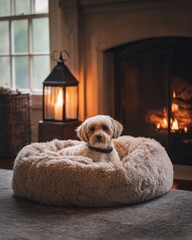 cozy dog bed near fireplace, soft fur textures, warm lamp, lifestyle pet 