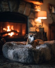 cozy dog bed near fireplace, soft fur textures, warm lamp, lifestyle pet 