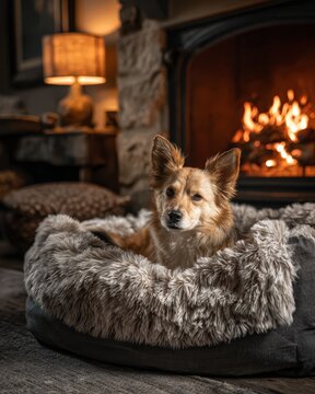 cozy dog bed near fireplace, soft fur textures, warm lamp, lifestyle pet 